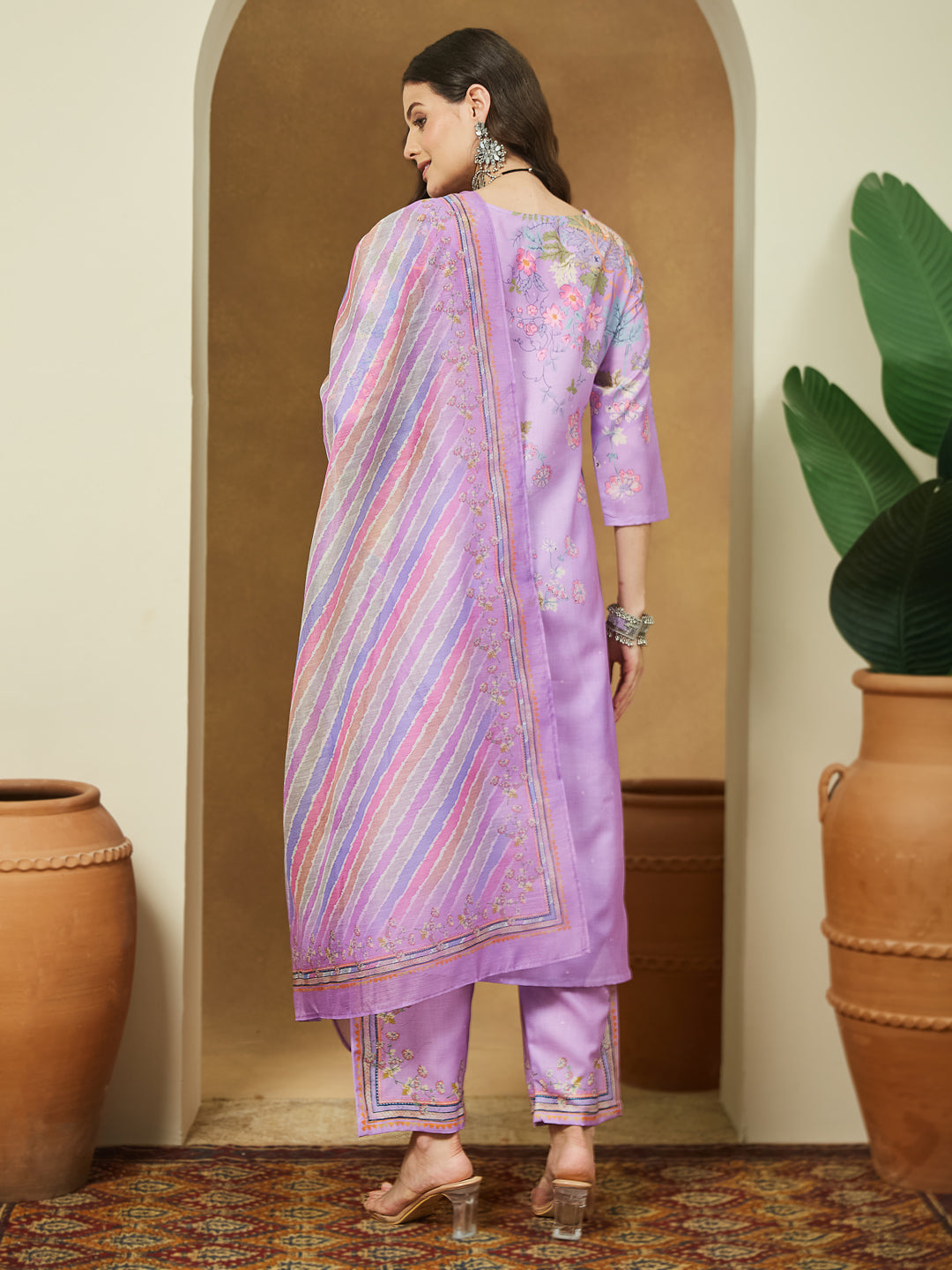 Ninnique Women's Lavender Cotton Blend Floral Printed Straight Kurta Set