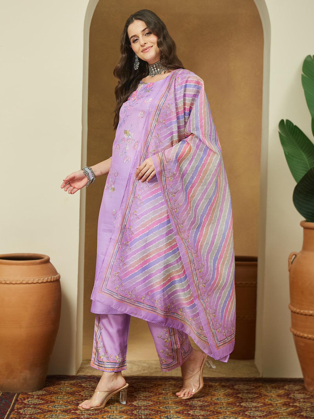 Ninnique Women's Lavender Cotton Blend Floral Printed Straight Kurta Set