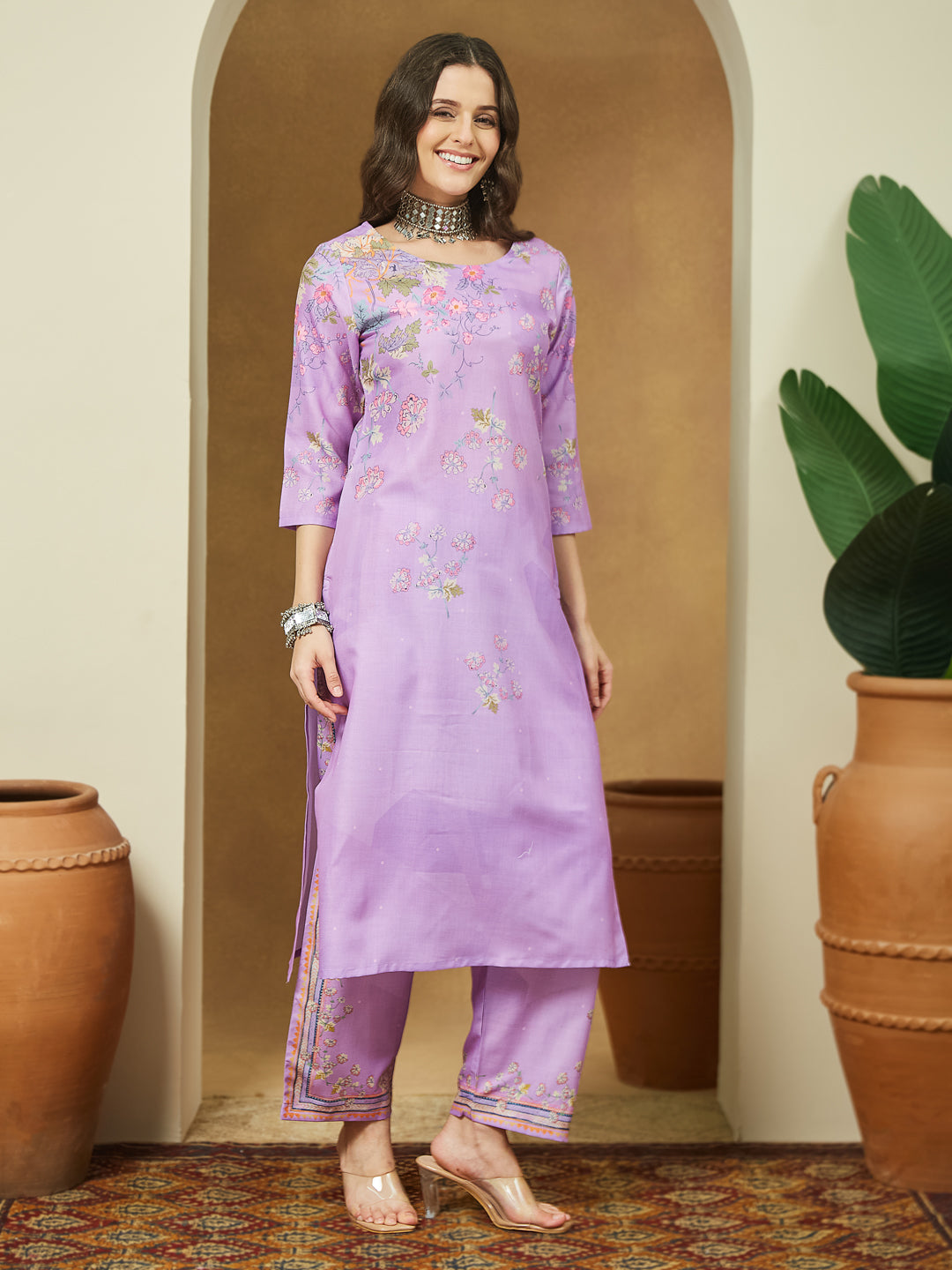 Ninnique Women's Lavender Cotton Blend Floral Printed Straight Kurta Set