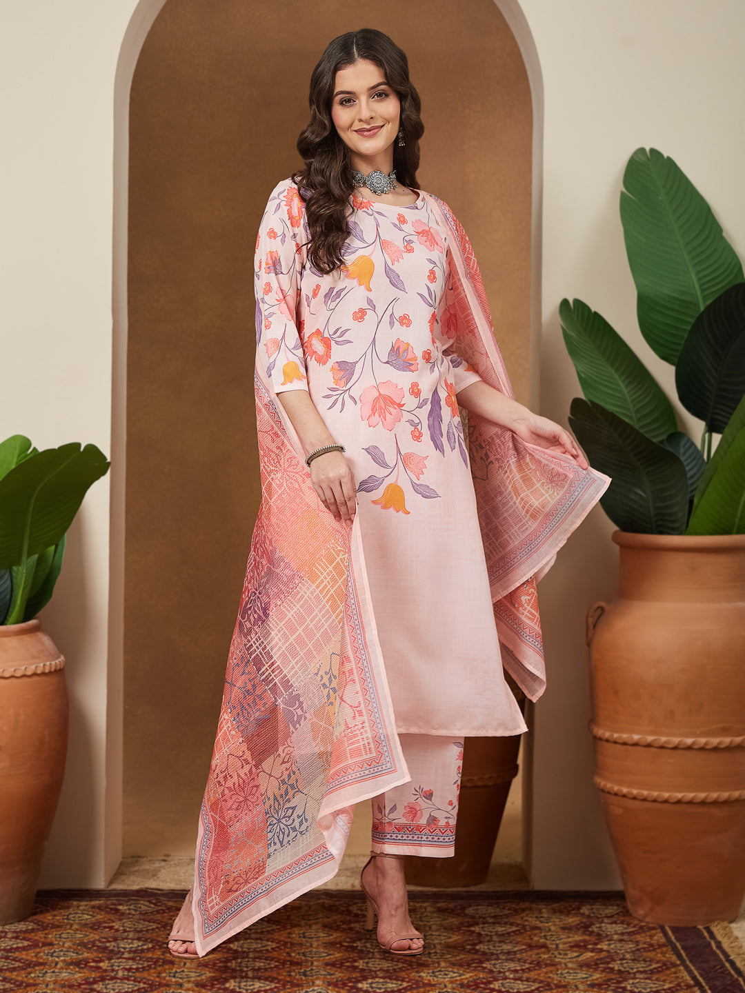 Ninnique Women's Peach Cotton Blend Floral Printed Straight Kurta Set