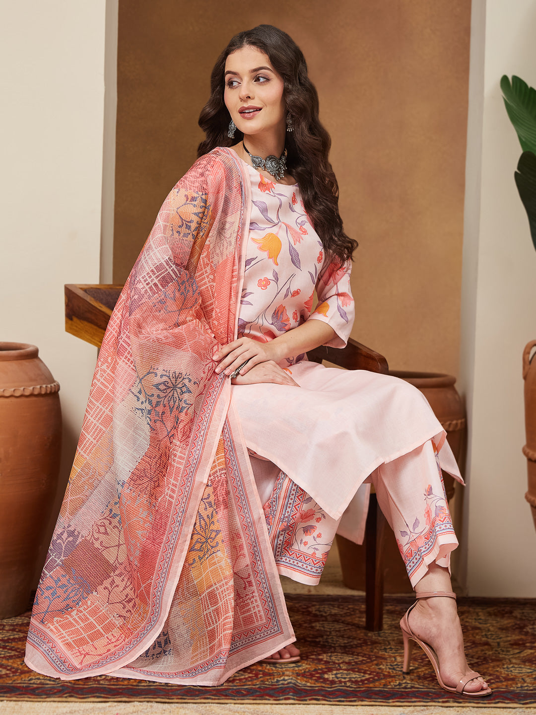 Ninnique Women's Peach Cotton Blend Floral Printed Straight Kurta Set