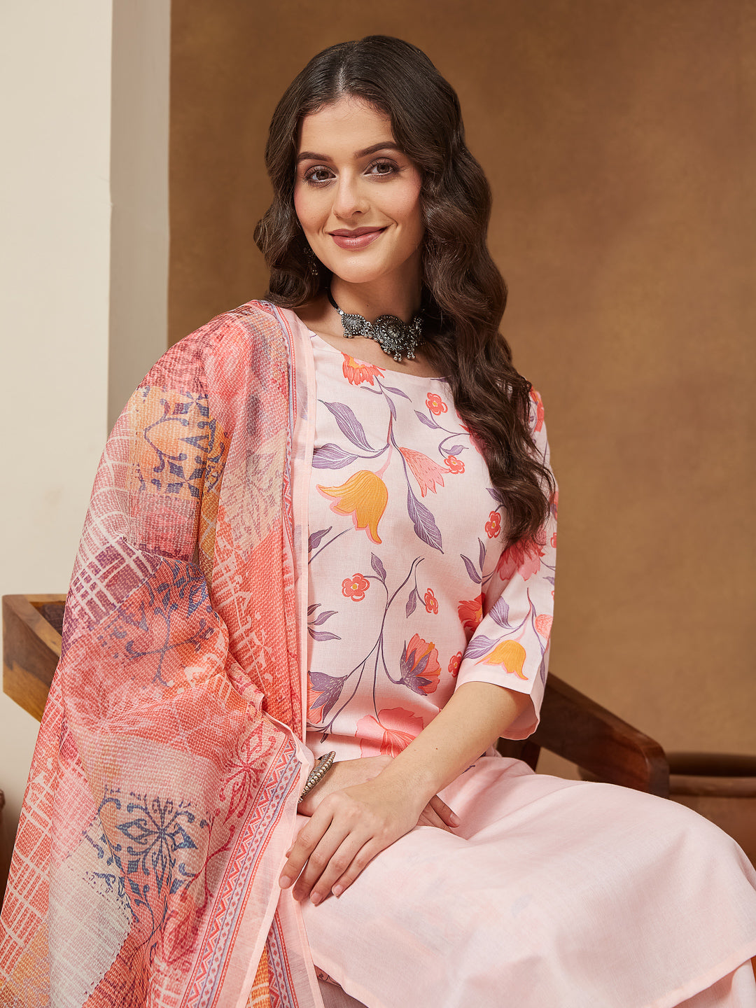 Ninnique Women's Peach Cotton Blend Floral Printed Straight Kurta Set