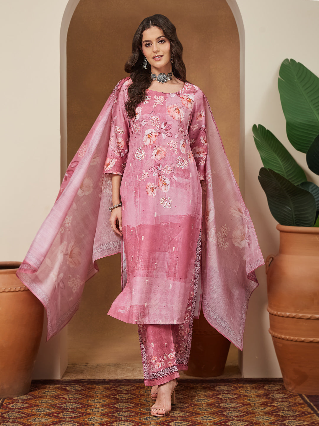 Ninnique Women's Pink Cotton Blend Floral Printed Straight Kurta Set