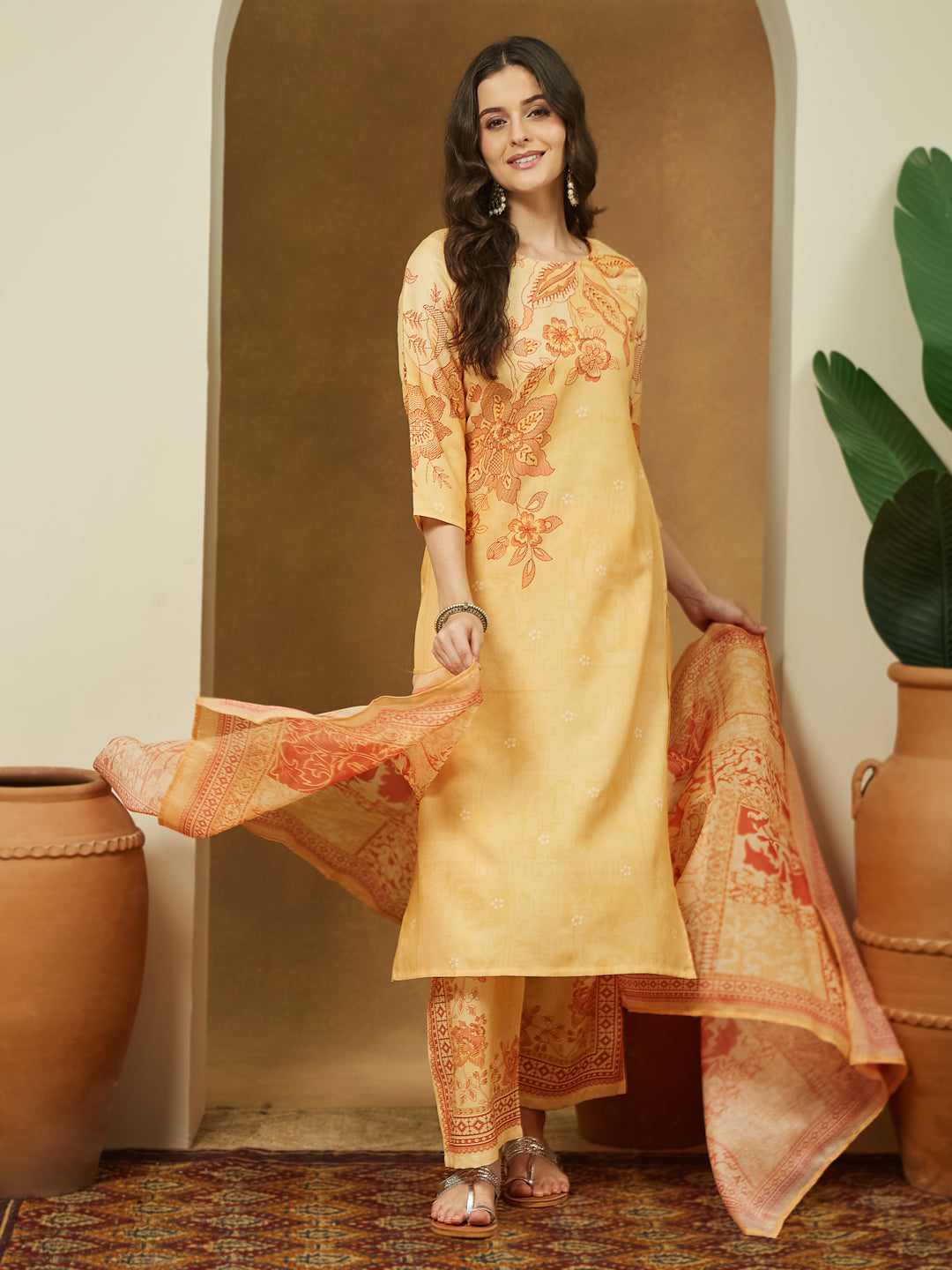 Ninnique Women's Yellow Cotton Blend Floral Printed Straight Kurta Set