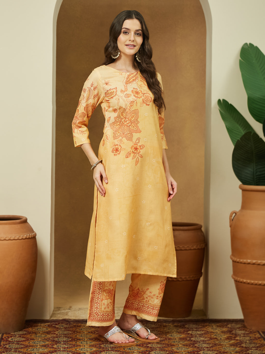Ninnique Women's Yellow Cotton Blend Floral Printed Straight Kurta Set