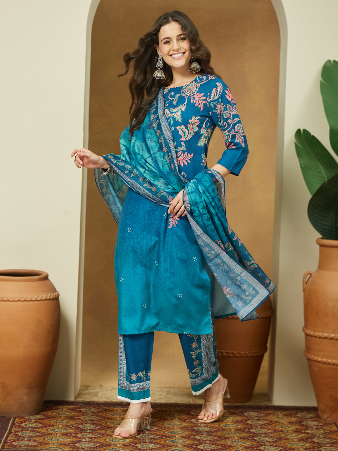 Ninnique Women's Teal Blue Cotton Blend Floral Printed Straight Kurta Set