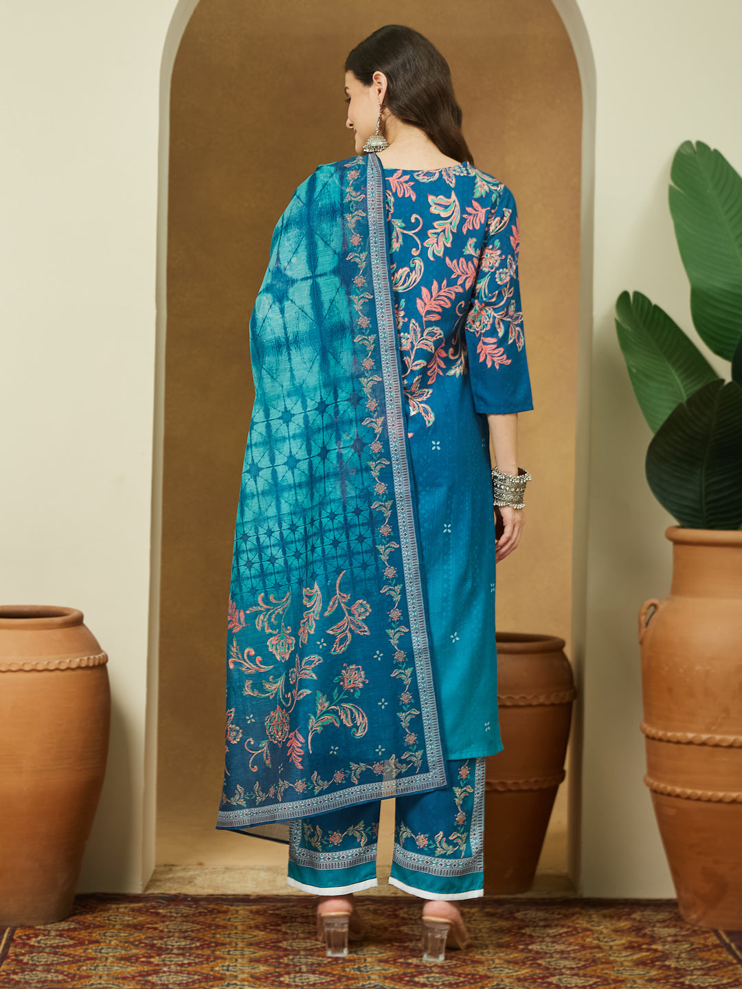 Ninnique Women's Teal Blue Cotton Blend Floral Printed Straight Kurta Set