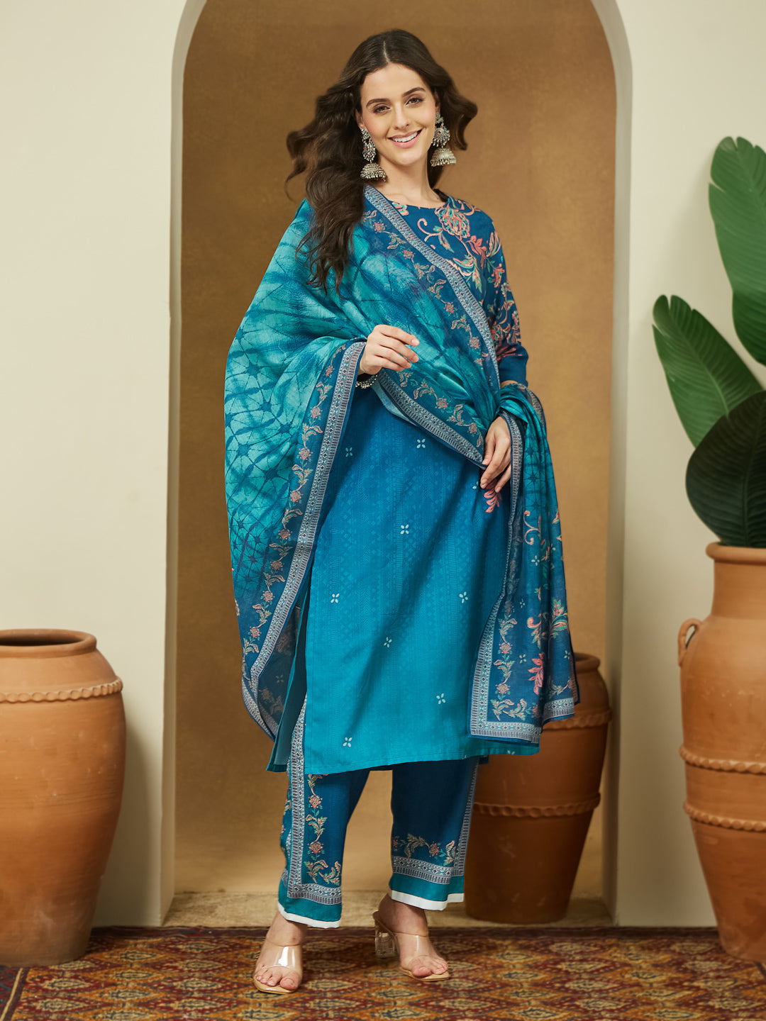 Ninnique Women's Teal Blue Cotton Blend Floral Printed Straight Kurta Set