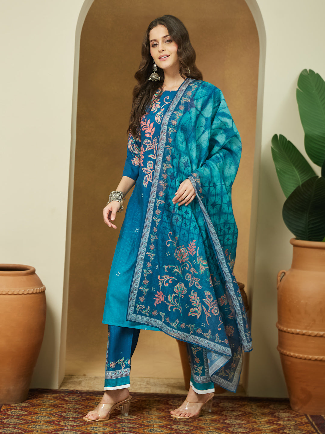 Ninnique Women's Teal Blue Cotton Blend Floral Printed Straight Kurta Set