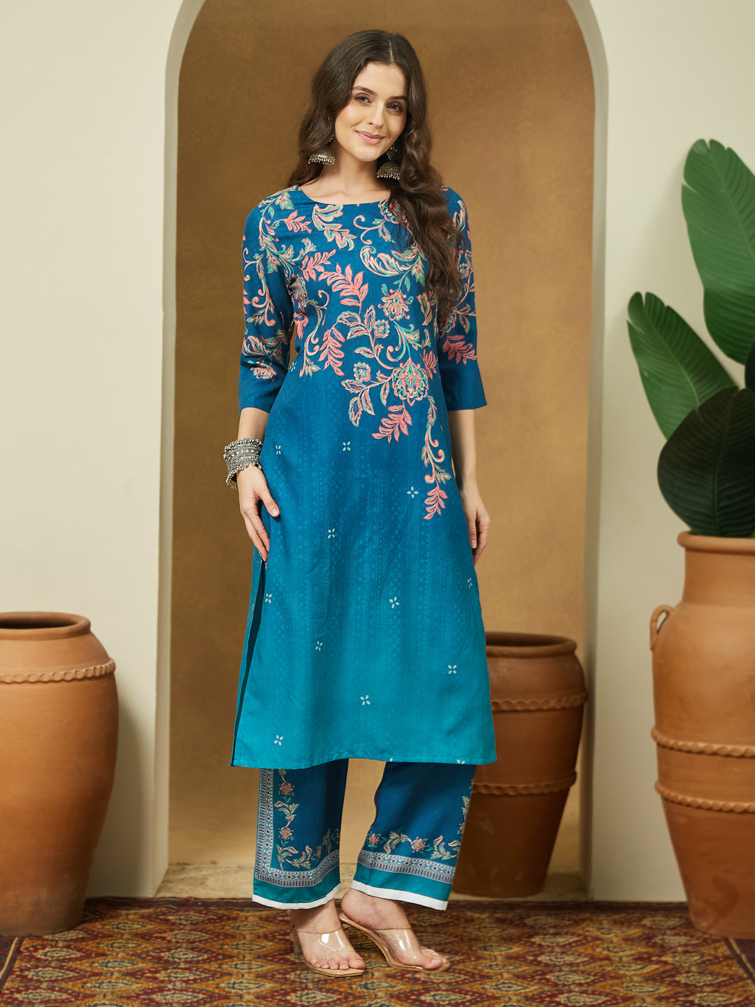 Ninnique Women's Teal Blue Cotton Blend Floral Printed Straight Kurta Set