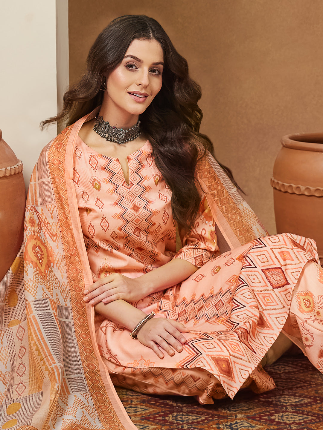 Ninnique Women's Peach Cotton Blend Geometric Printed Straight Kurta Set