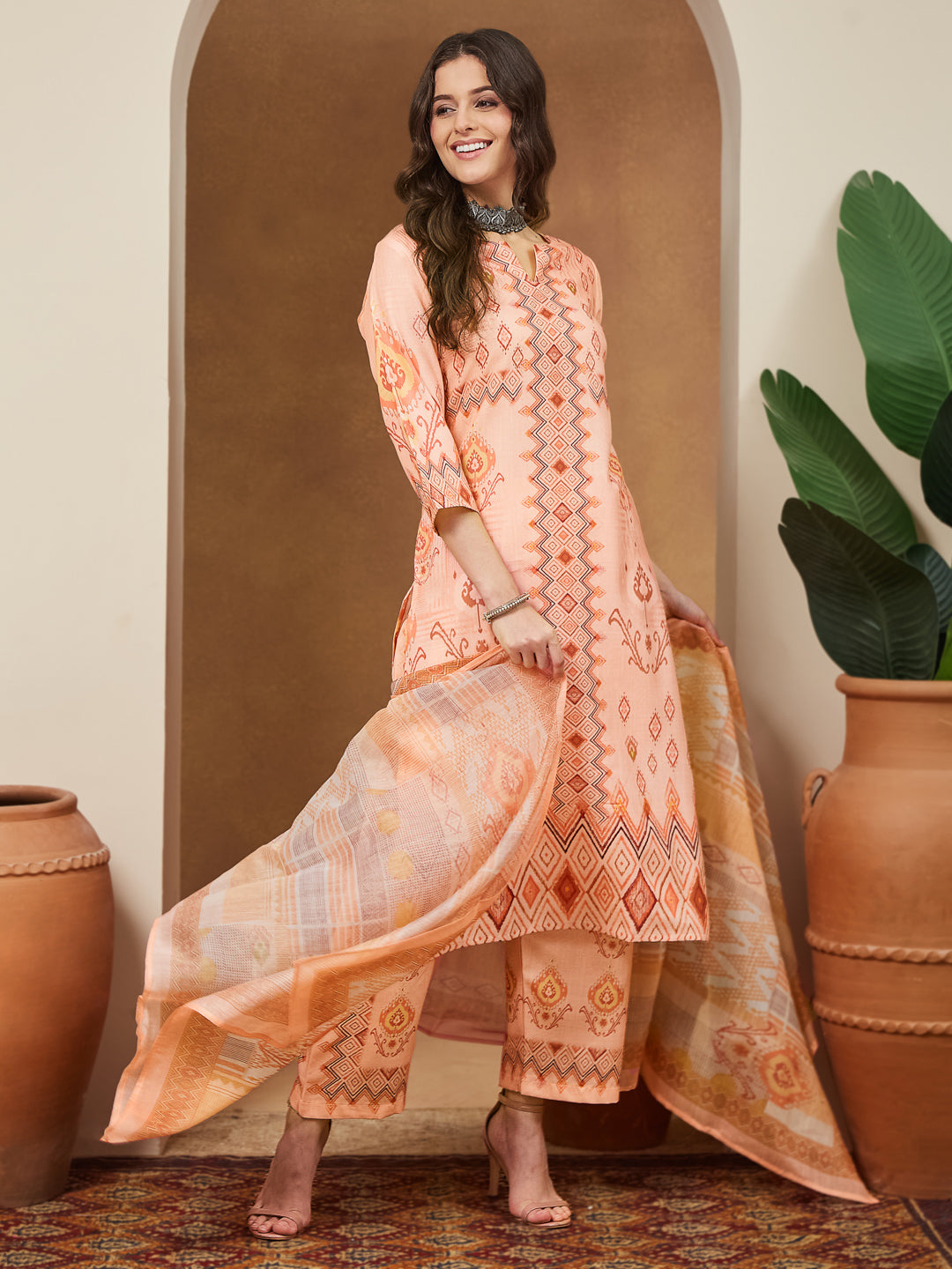 Ninnique Women's Peach Cotton Blend Geometric Printed Straight Kurta Set