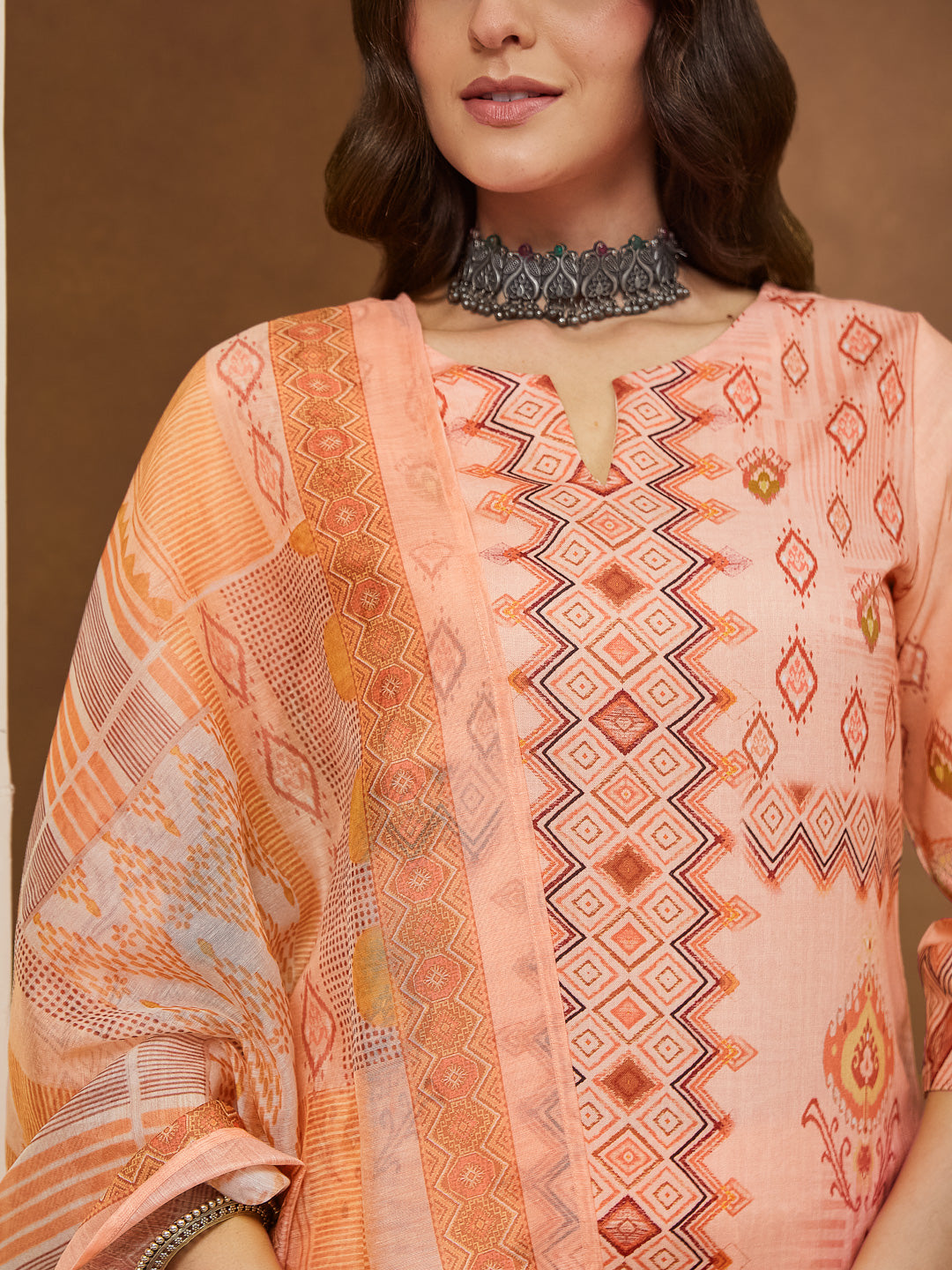 Ninnique Women's Peach Cotton Blend Geometric Printed Straight Kurta Set