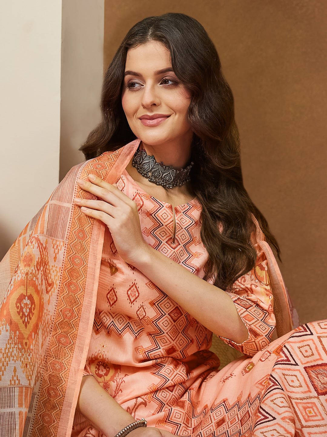 Ninnique Women's Peach Cotton Blend Geometric Printed Straight Kurta Set