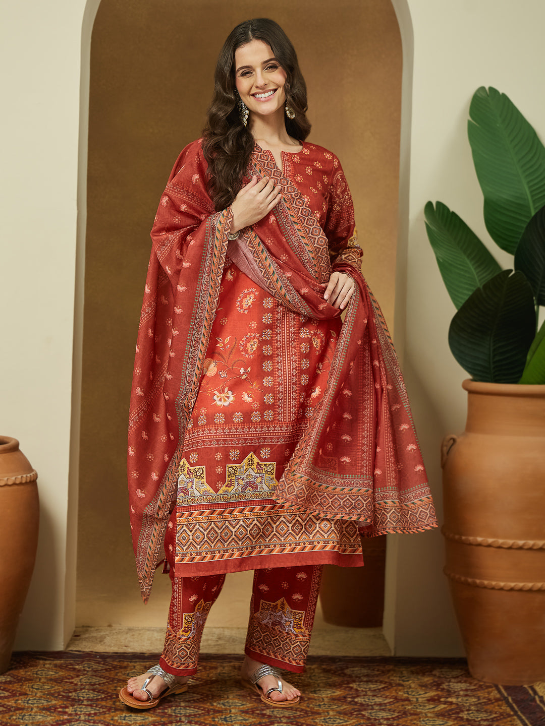 Ninnique Women's Rust Cotton Blend Floral Printed Pakistani Straight Kurta Set