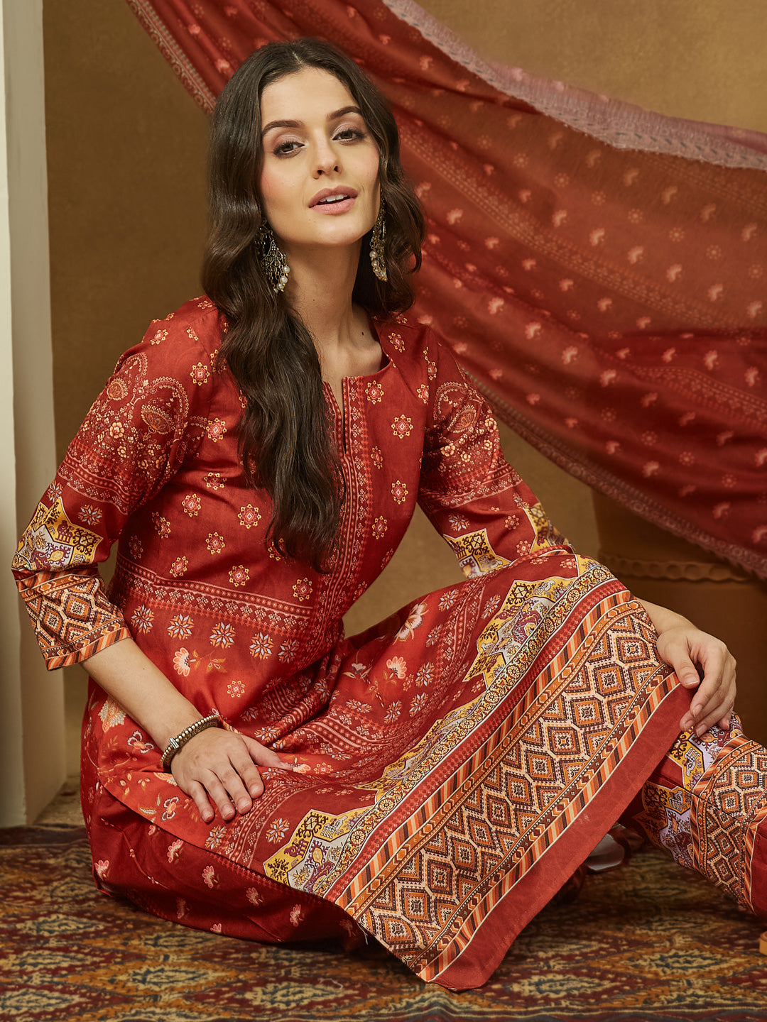 Ninnique Women's Rust Cotton Blend Floral Printed Pakistani Straight Kurta Set