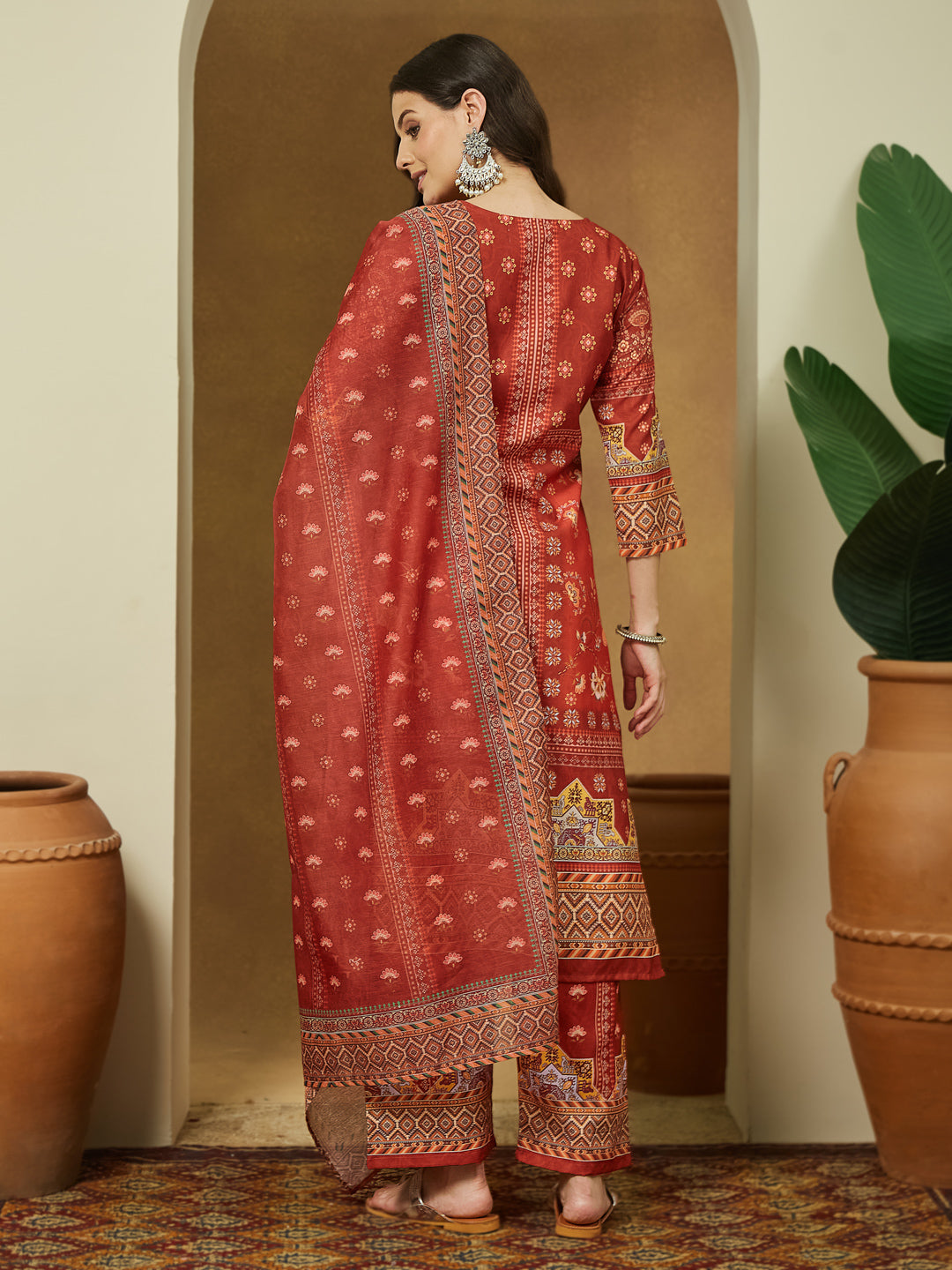 Ninnique Women's Rust Cotton Blend Floral Printed Pakistani Straight Kurta Set