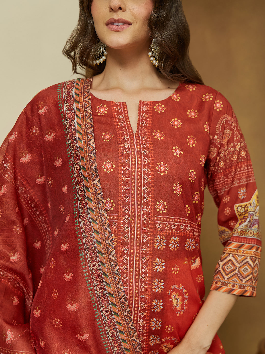 Ninnique Women's Rust Cotton Blend Floral Printed Pakistani Straight Kurta Set