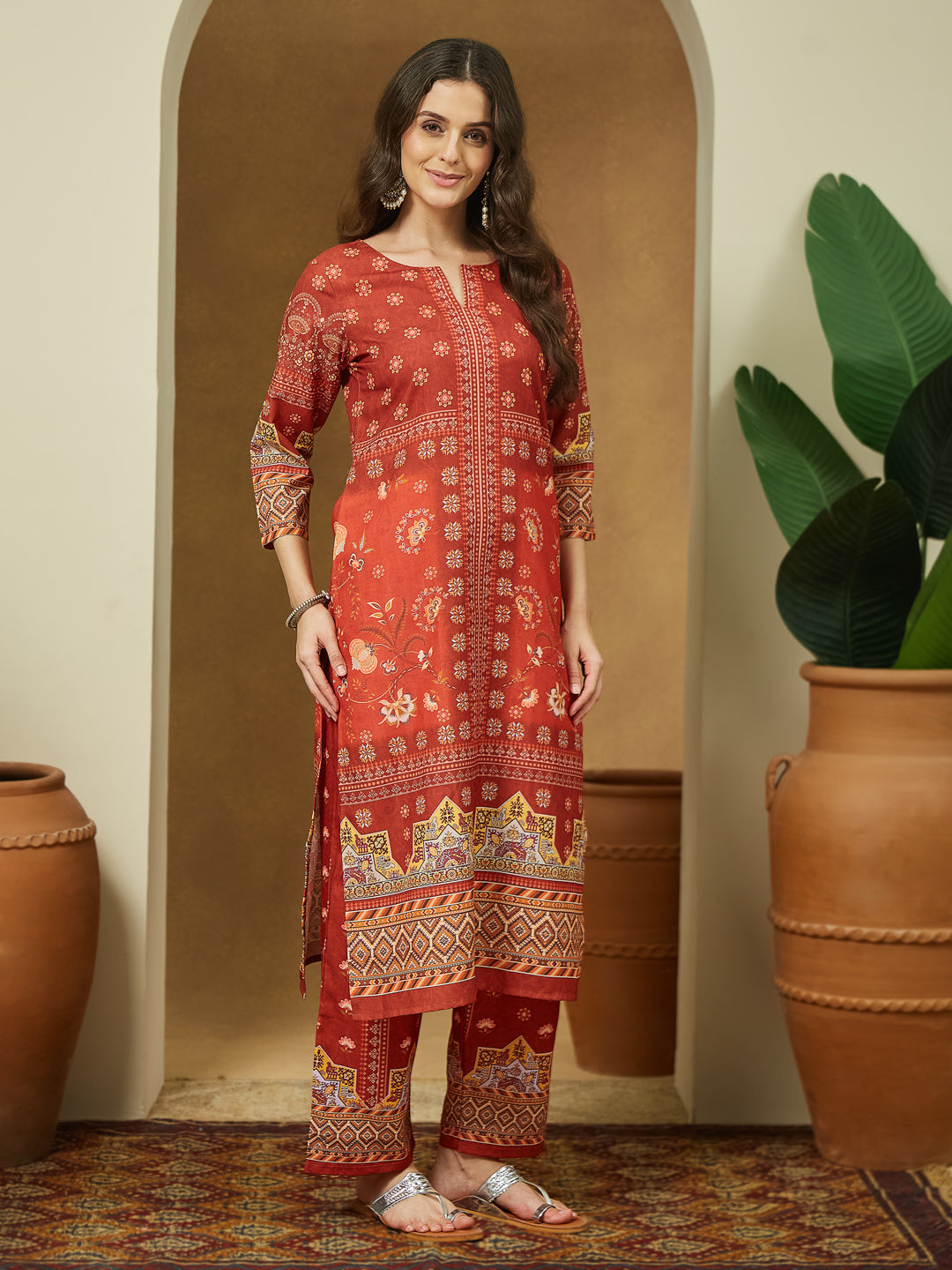 Ninnique Women's Rust Cotton Blend Floral Printed Pakistani Straight Kurta Set