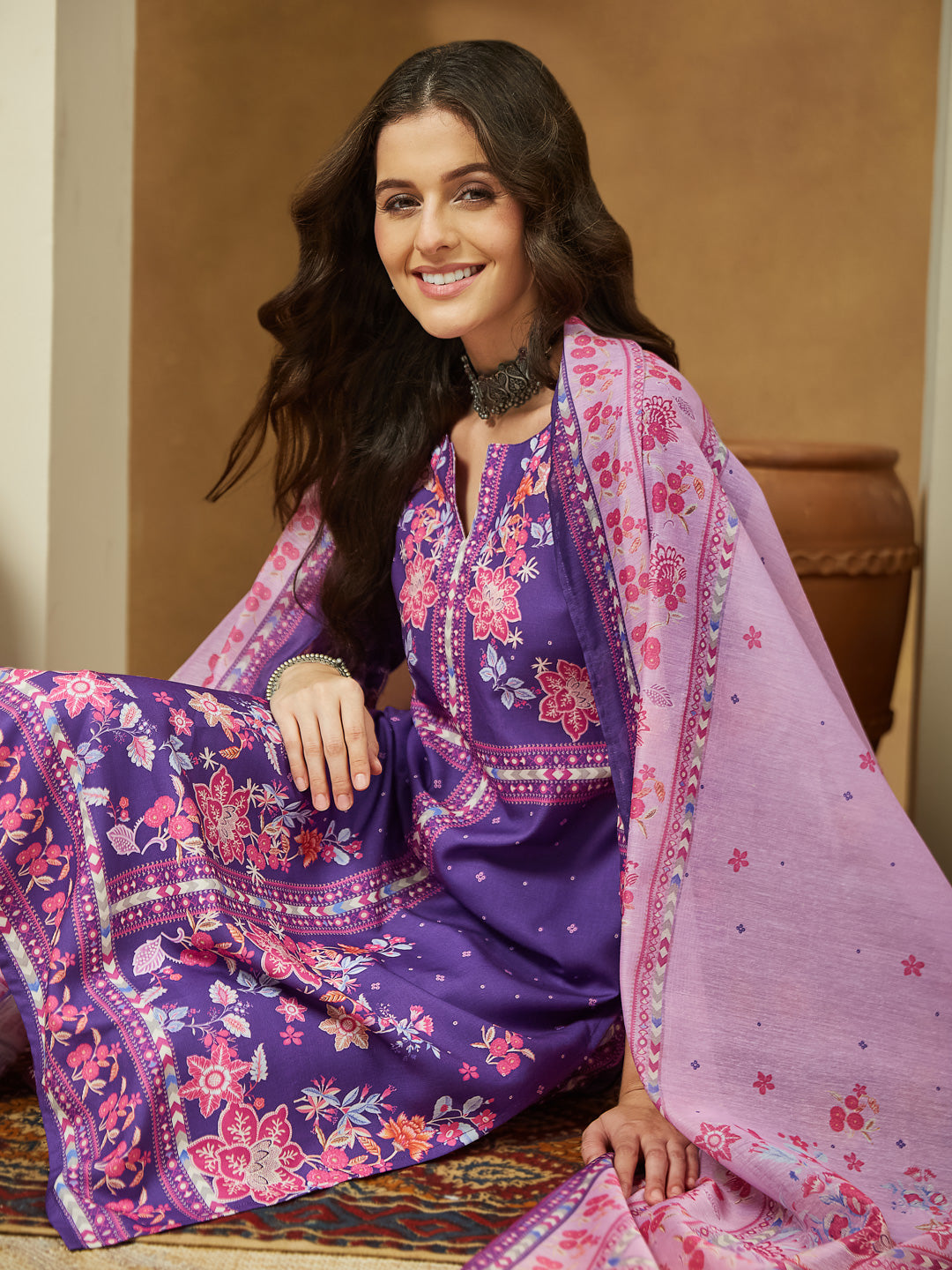 Ninnique Women's Purple Cotton Blend Floral Printed Straight Kurta Set