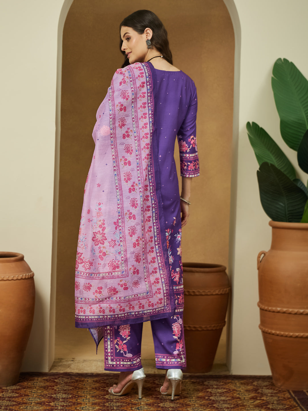 Ninnique Women's Purple Cotton Blend Floral Printed Straight Kurta Set