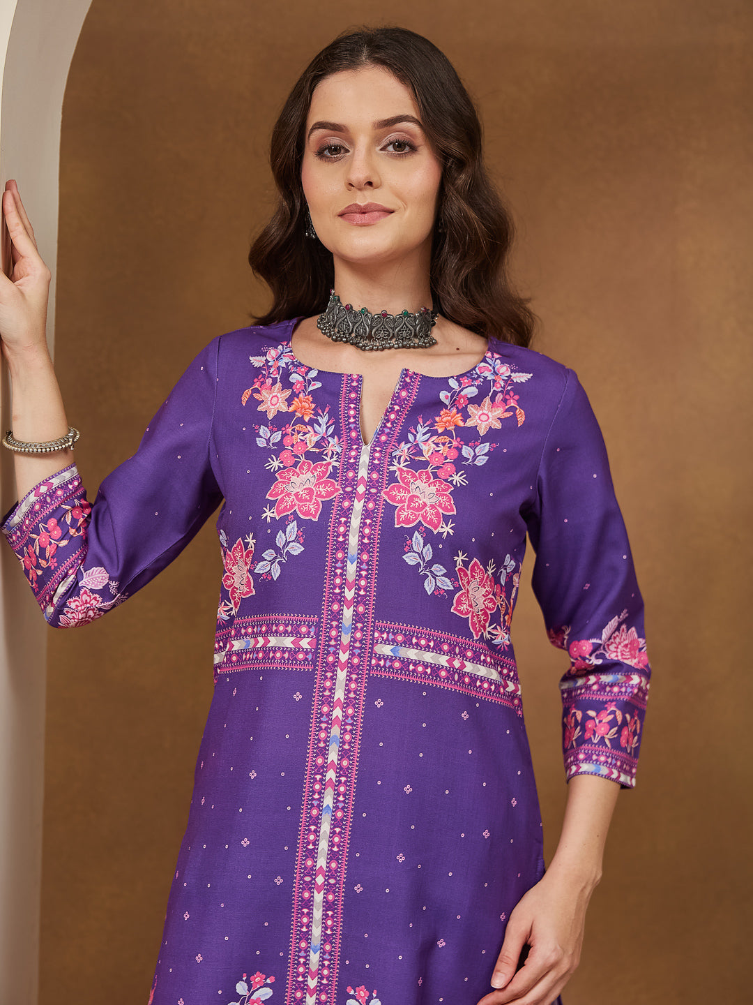 Ninnique Women's Purple Cotton Blend Floral Printed Straight Kurta Set