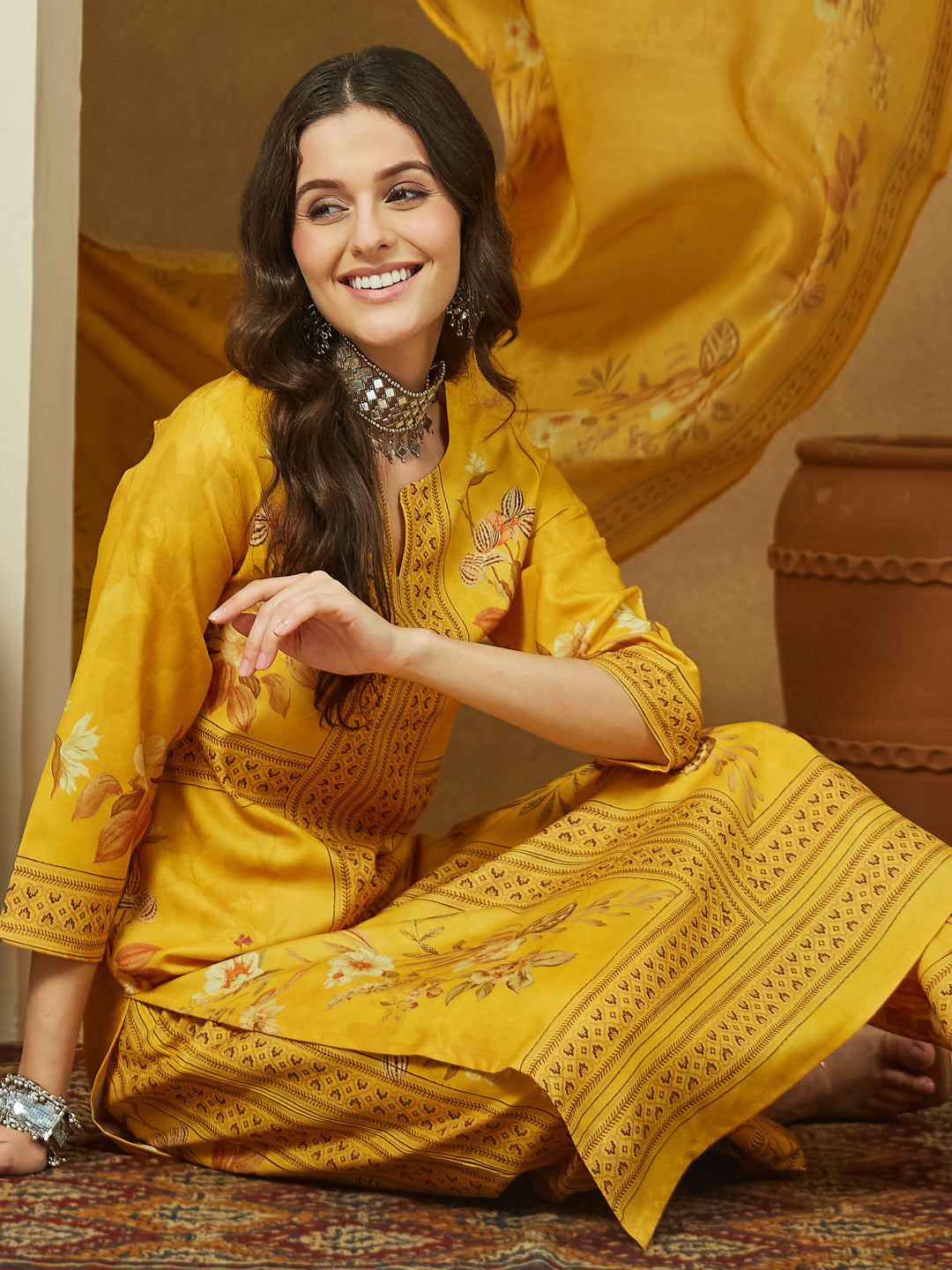 Ninnique Women's Yellow Cotton Blend Floral Printed Pakistani Floral Straight Kurta Set