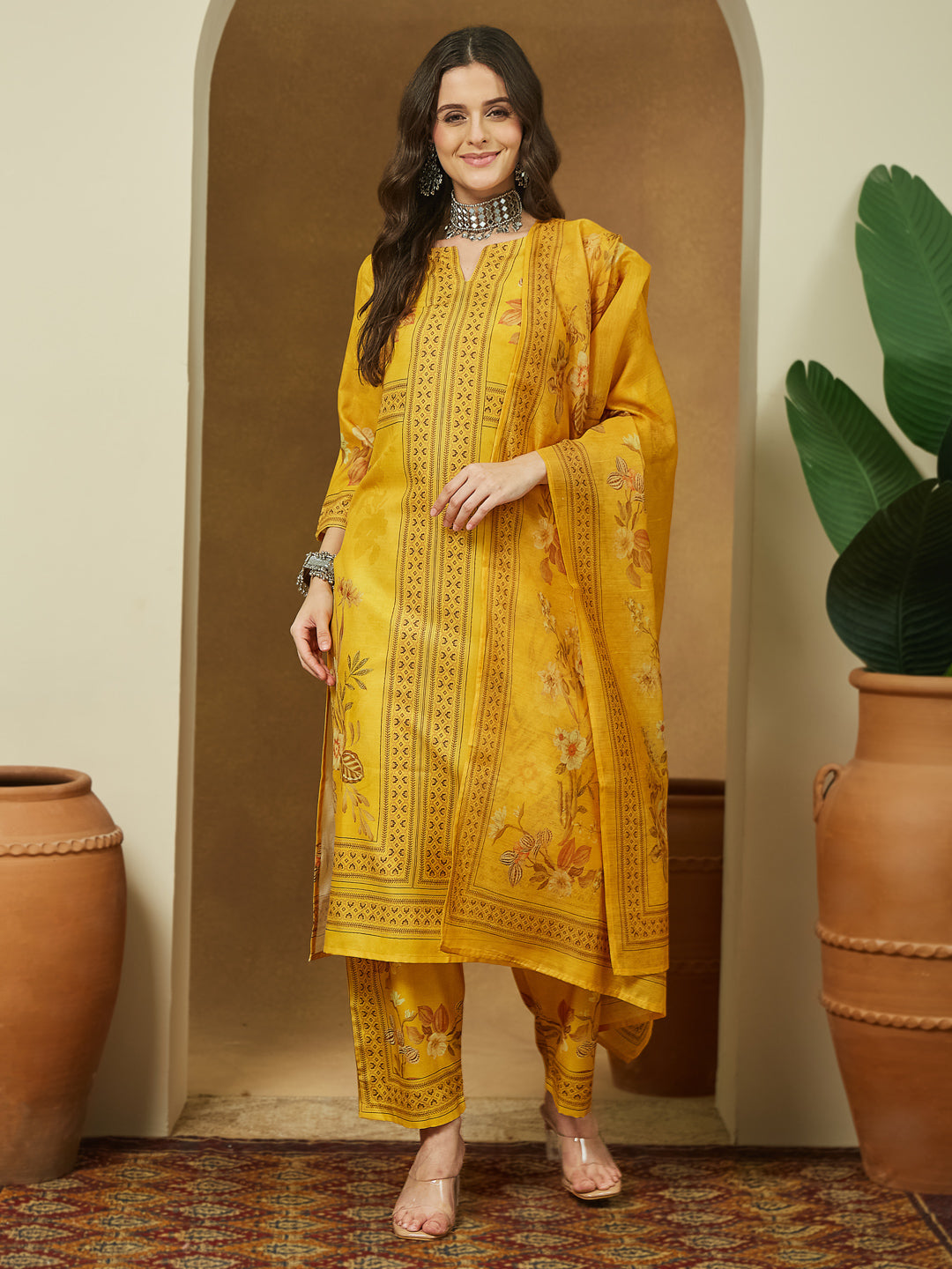 Ninnique Women's Yellow Cotton Blend Floral Printed Pakistani Floral Straight Kurta Set