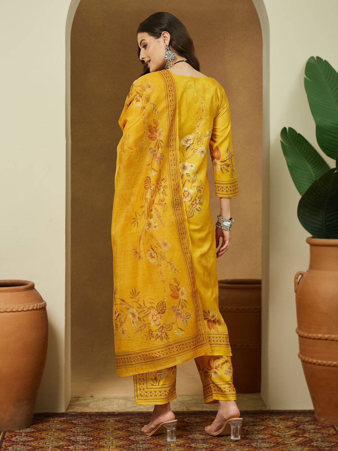 Ninnique Women's Yellow Cotton Blend Floral Printed Pakistani Floral Straight Kurta Set