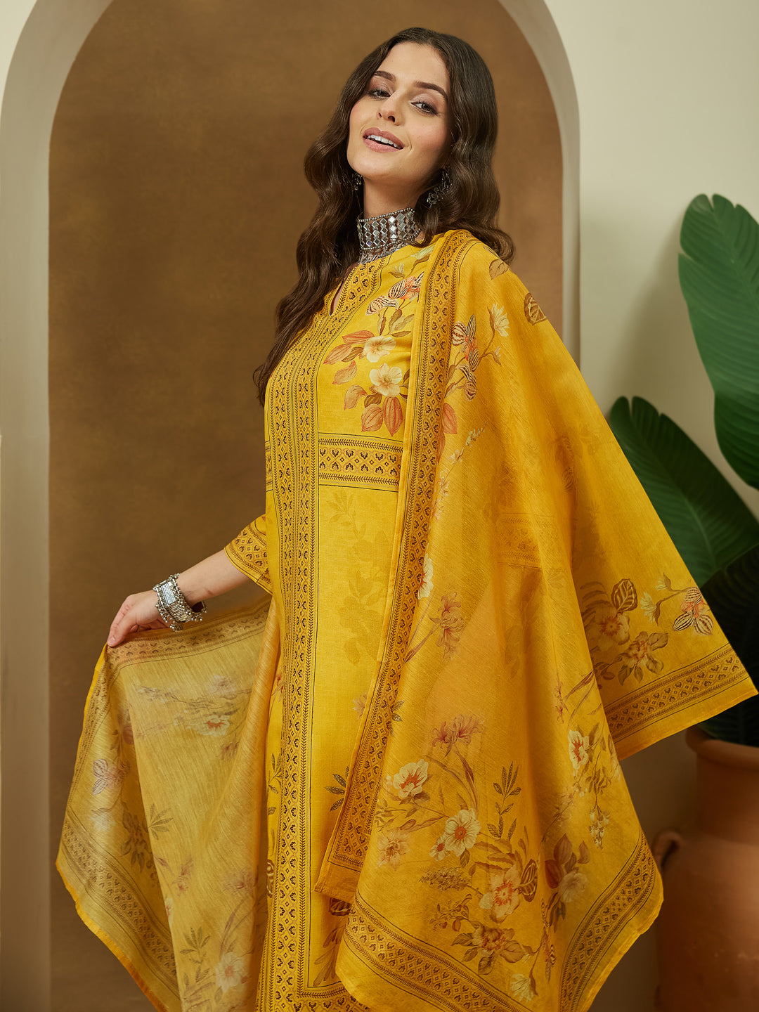 Ninnique Women's Yellow Cotton Blend Floral Printed Pakistani Floral Straight Kurta Set