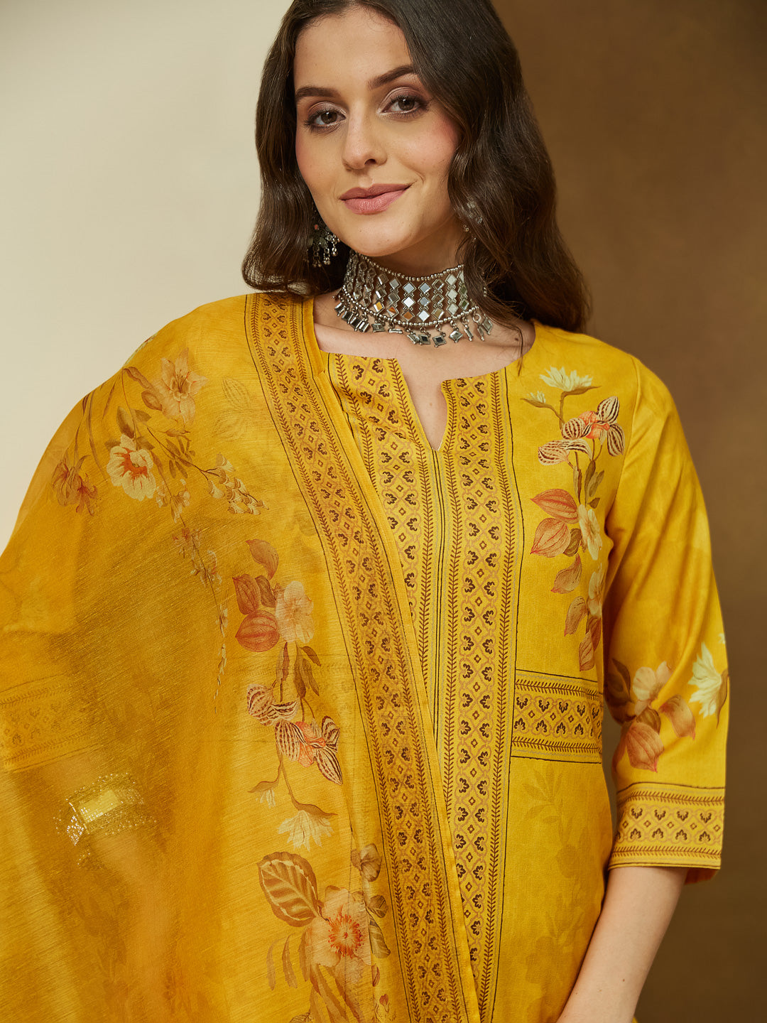 Ninnique Women's Yellow Cotton Blend Floral Printed Pakistani Floral Straight Kurta Set