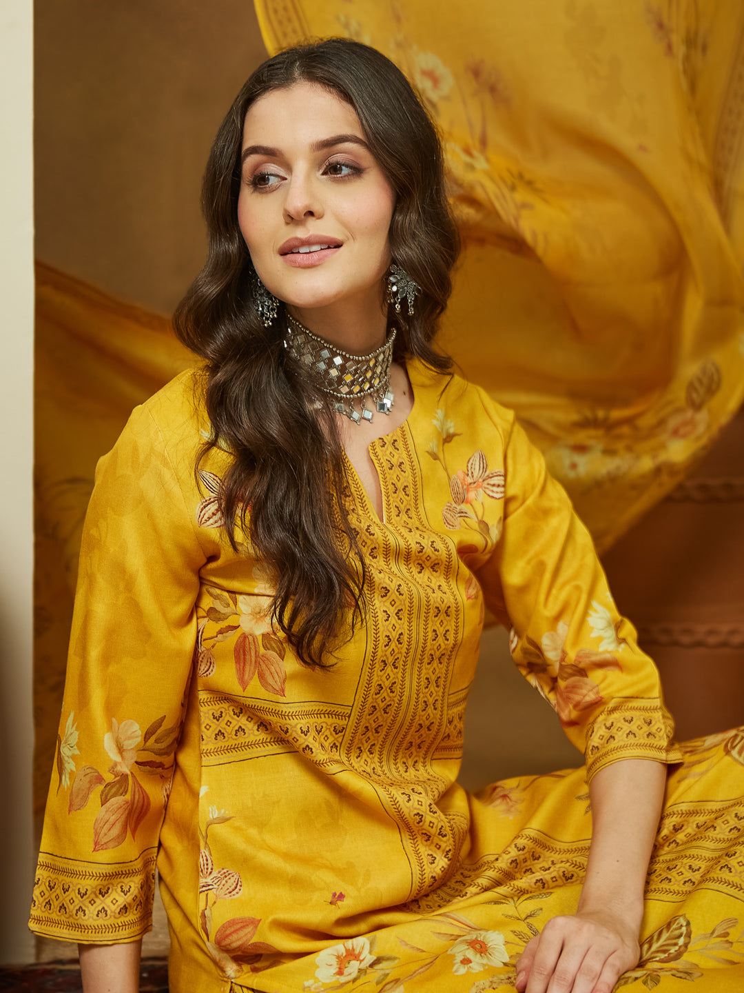 Ninnique Women's Yellow Cotton Blend Floral Printed Pakistani Floral Straight Kurta Set