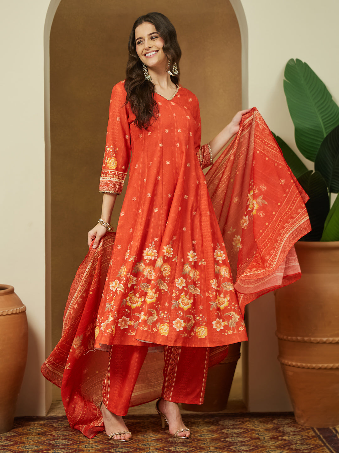 Ninnique Women's Orange Cotton Blend Floral Printed Anarkali Kurta Set