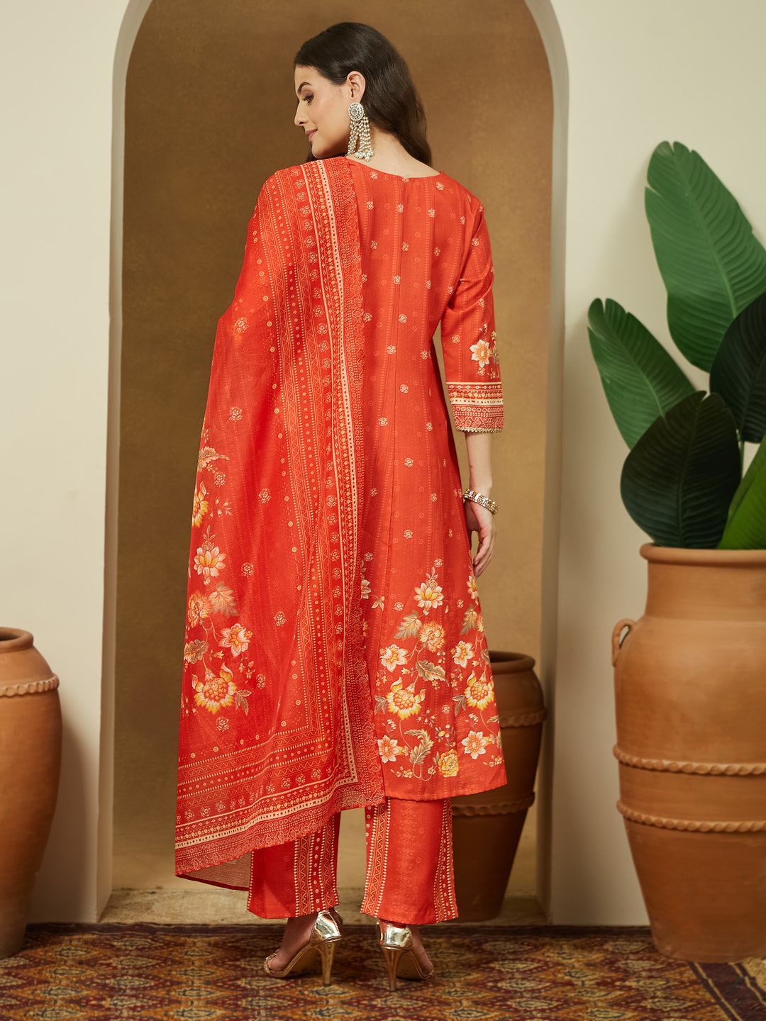 Ninnique Women's Orange Cotton Blend Floral Printed Anarkali Kurta Set