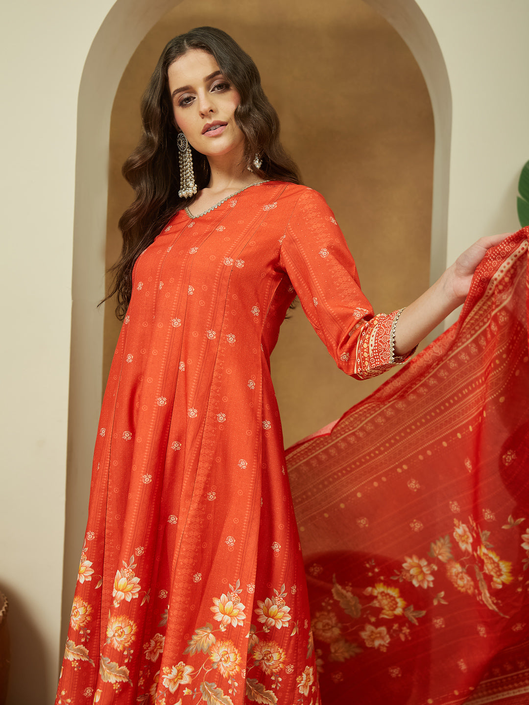 Ninnique Women's Orange Cotton Blend Floral Printed Anarkali Kurta Set