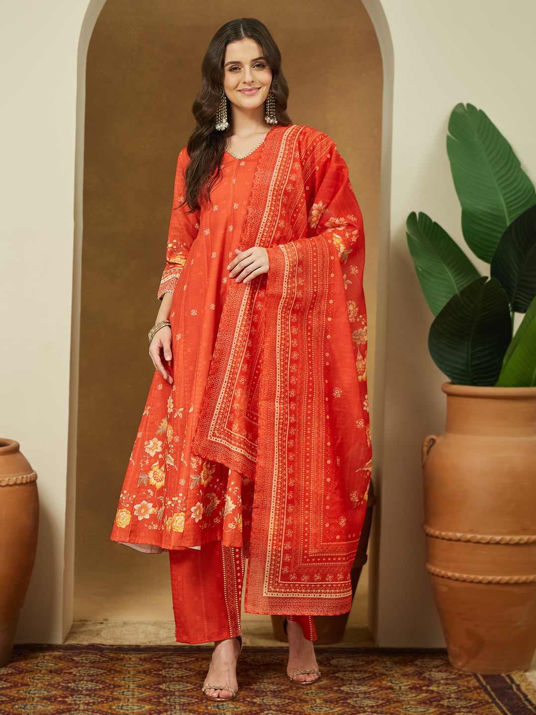 Ninnique Women's Orange Cotton Blend Floral Printed Anarkali Kurta Set