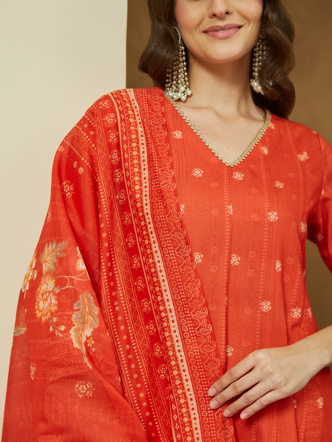 Ninnique Women's Orange Cotton Blend Floral Printed Anarkali Kurta Set