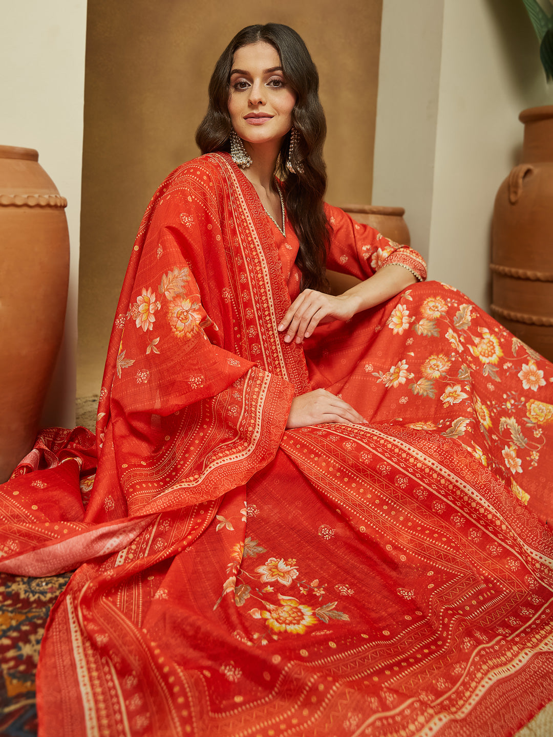 Ninnique Women's Orange Cotton Blend Floral Printed Anarkali Kurta Set
