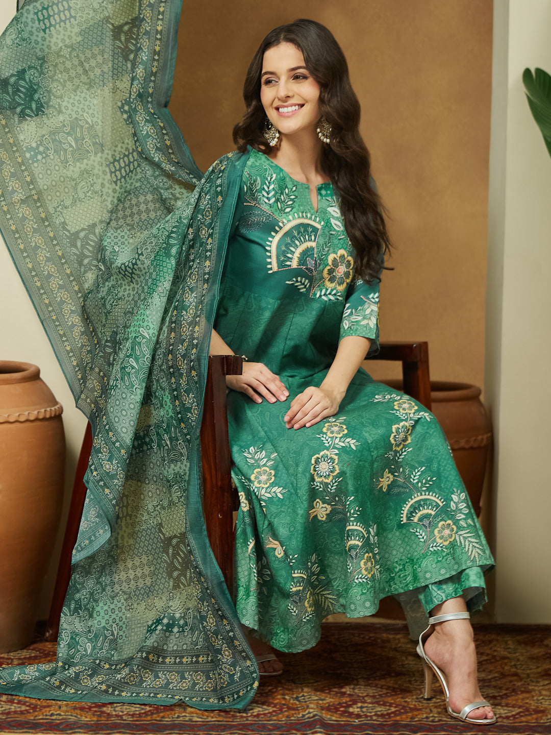Ninnique Women's Sage Green Cotton Blend Floral Printed Anarkali Kurta Set