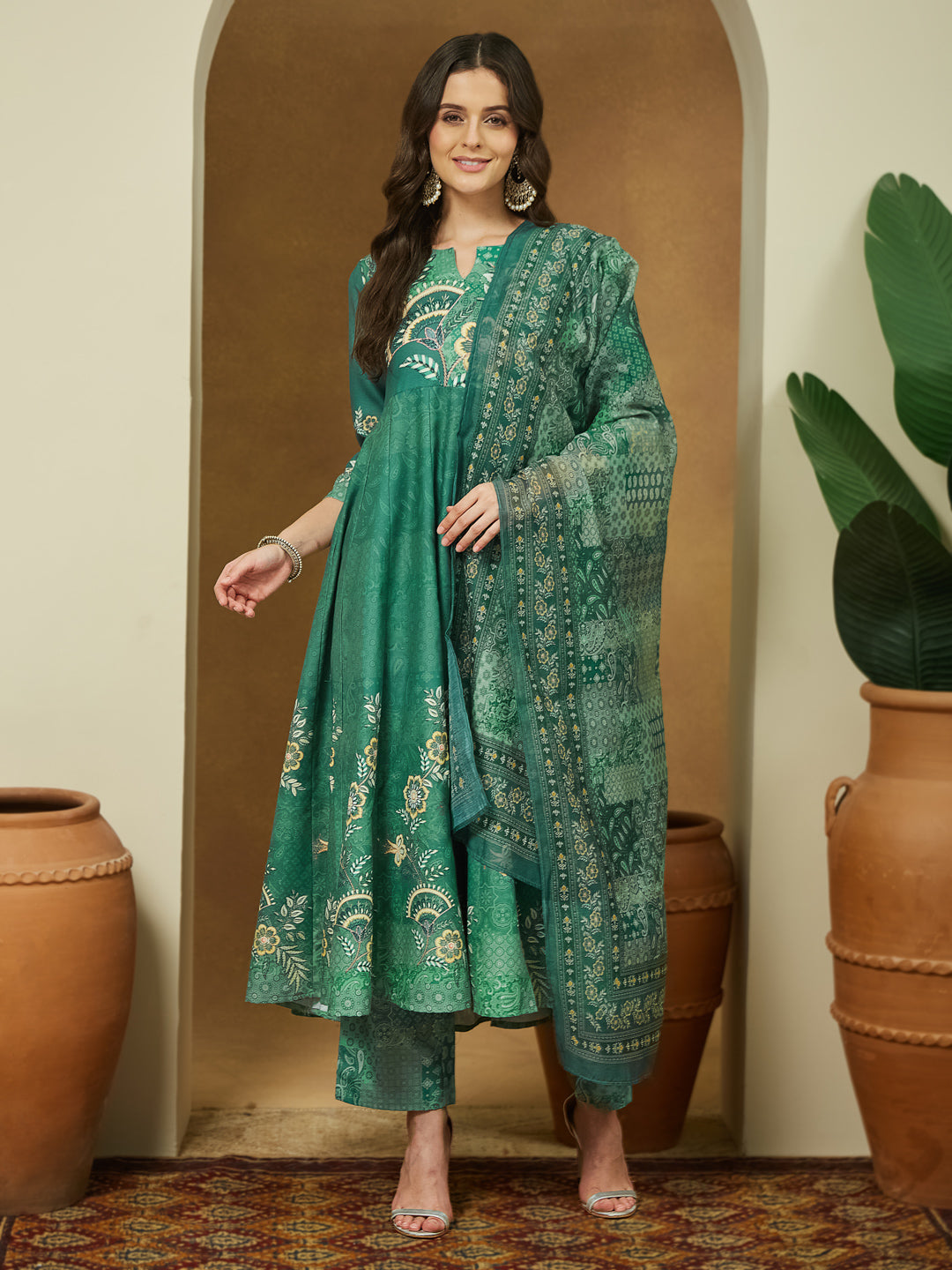 Ninnique Women's Sage Green Cotton Blend Floral Printed Anarkali Kurta Set
