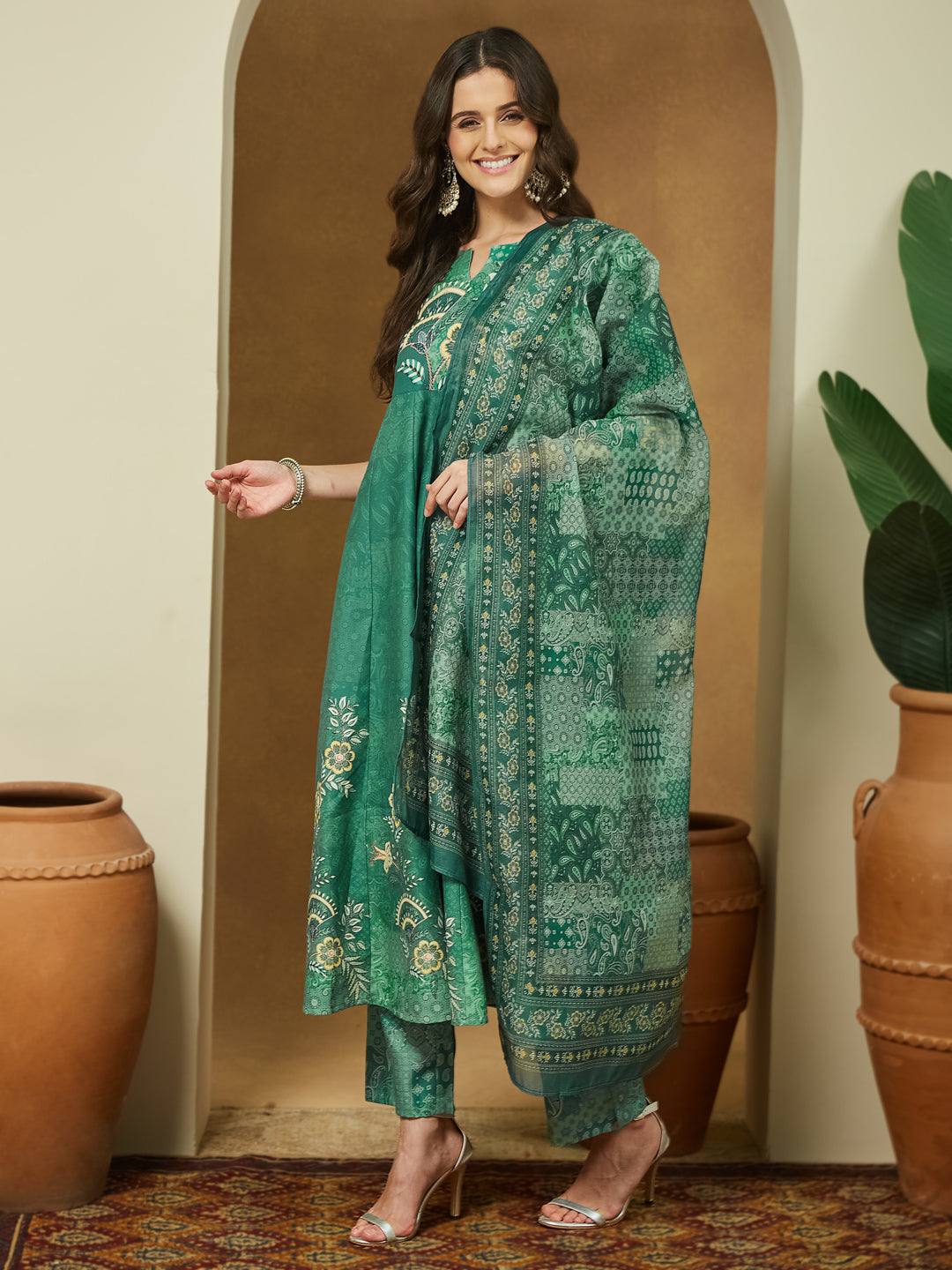 Ninnique Women's Sage Green Cotton Blend Floral Printed Anarkali Kurta Set
