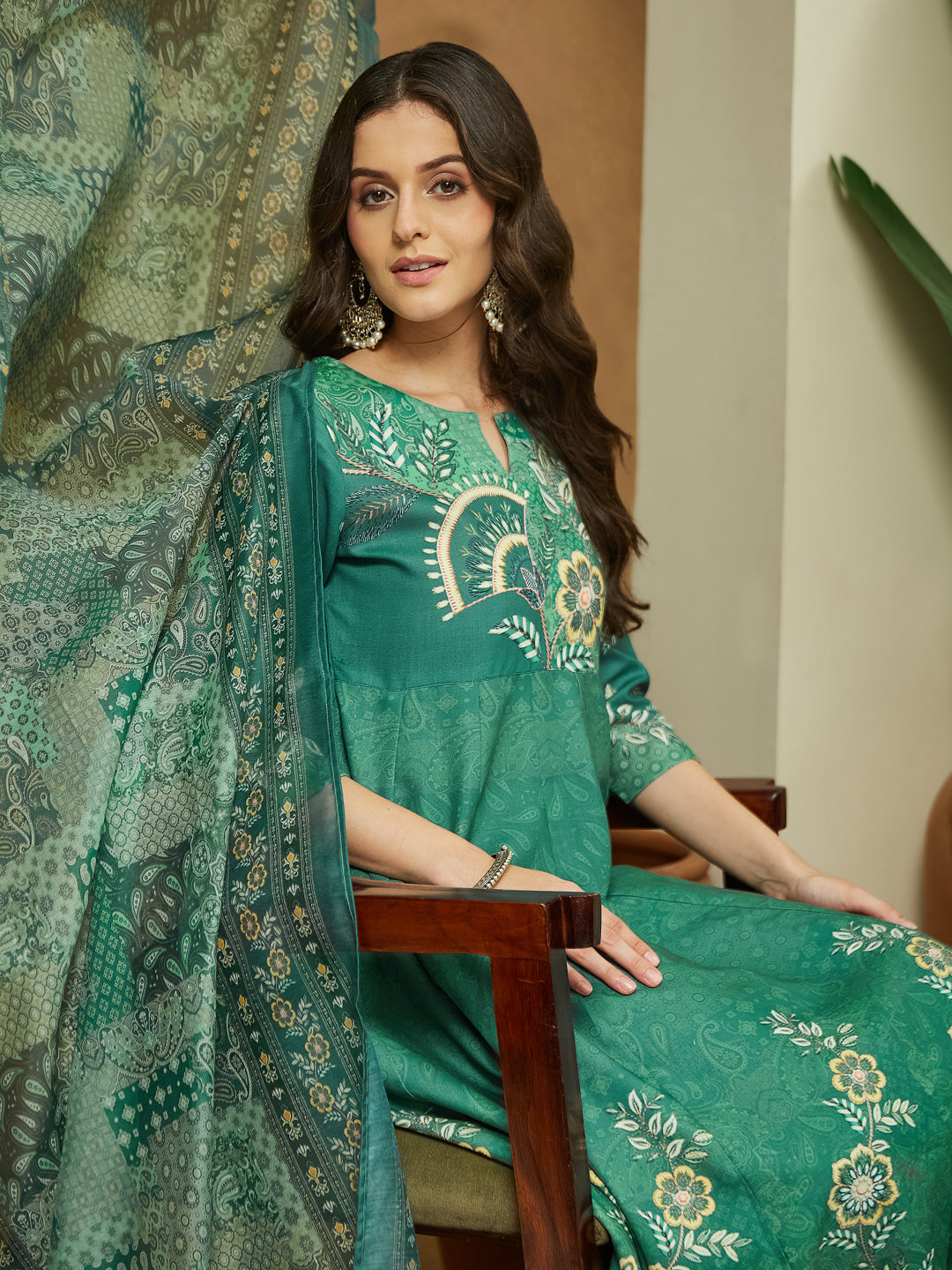 Ninnique Women's Sage Green Cotton Blend Floral Printed Anarkali Kurta Set