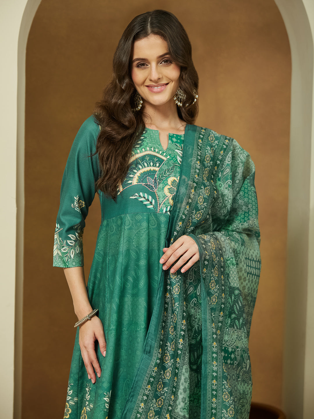 Ninnique Women's Sage Green Cotton Blend Floral Printed Anarkali Kurta Set