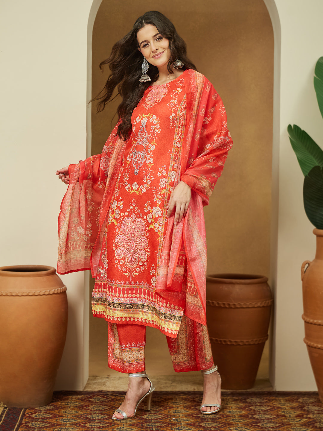 Ninnique Women's Orange Cotton Blend Ethnic Motifs Printed Pakistani Straight Kurta Set