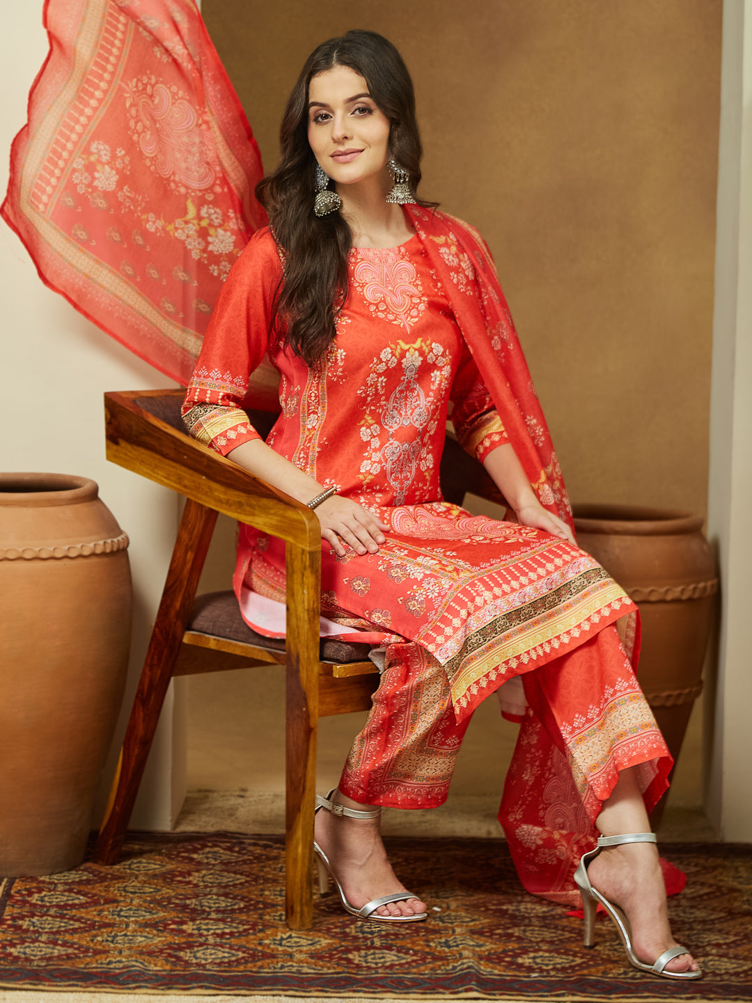 Ninnique Women's Orange Cotton Blend Ethnic Motifs Printed Pakistani Straight Kurta Set