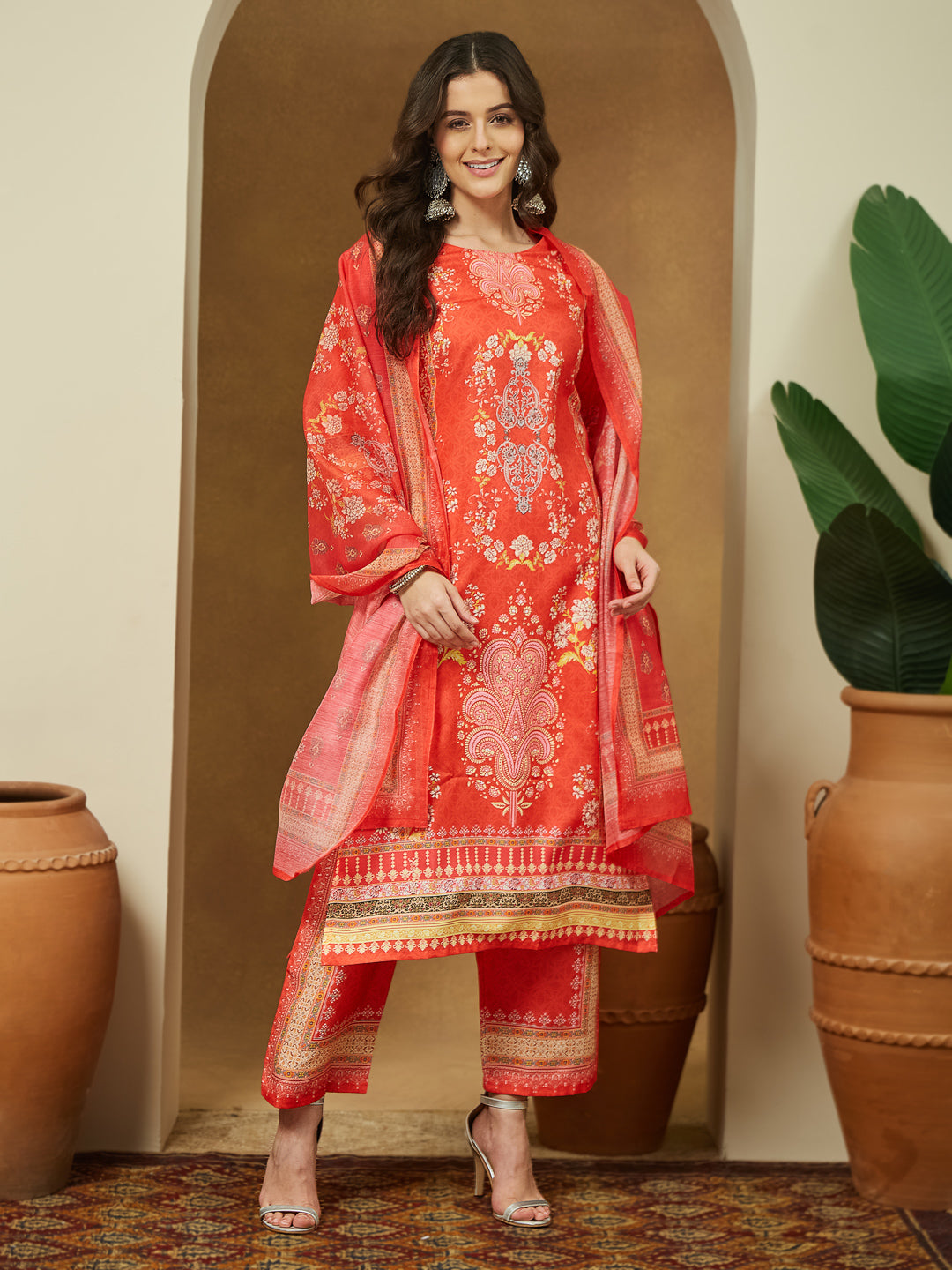 Ninnique Women's Orange Cotton Blend Ethnic Motifs Printed Pakistani Straight Kurta Set