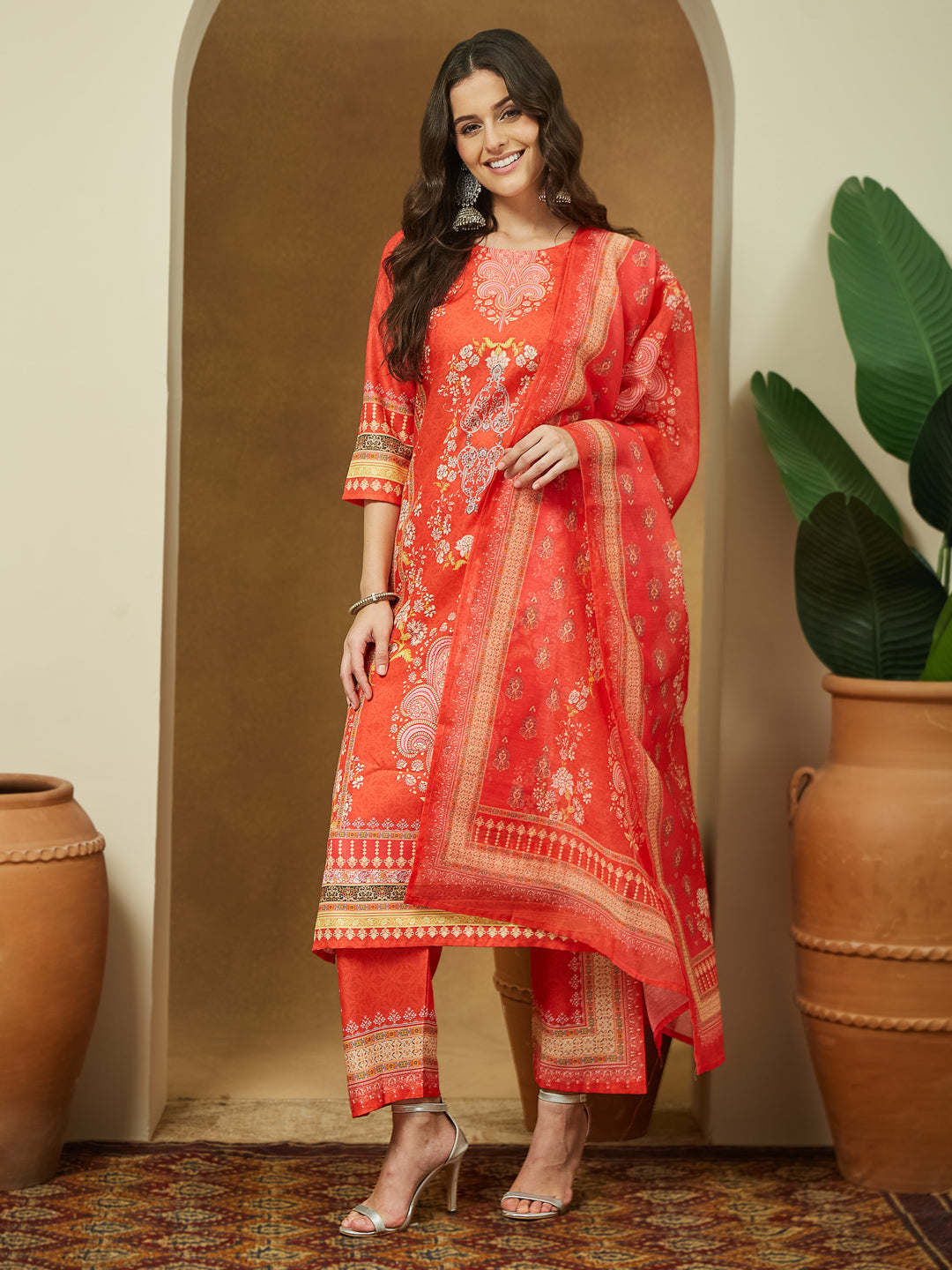 Ninnique Women's Orange Cotton Blend Ethnic Motifs Printed Pakistani Straight Kurta Set