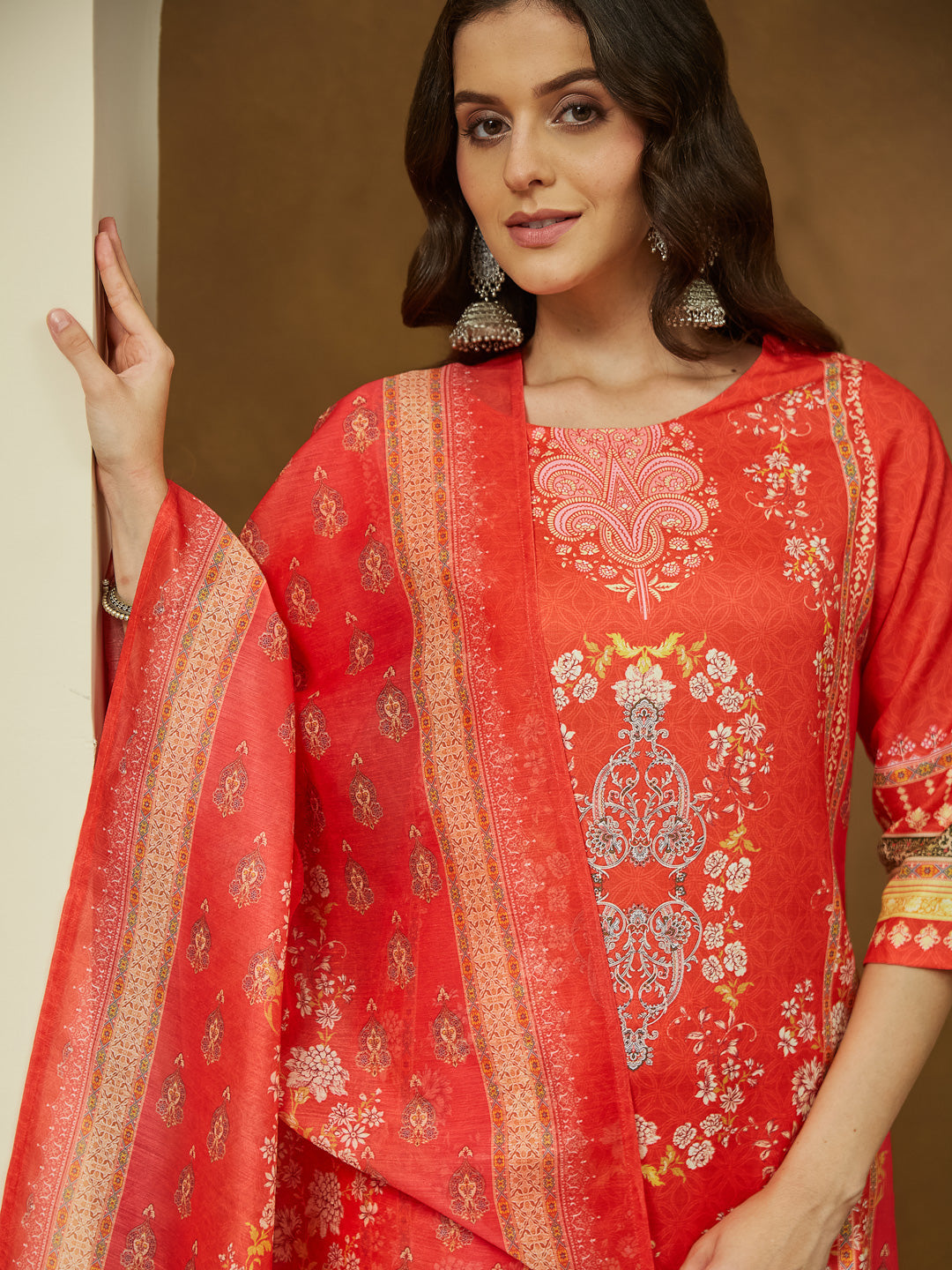 Ninnique Women's Orange Cotton Blend Ethnic Motifs Printed Pakistani Straight Kurta Set