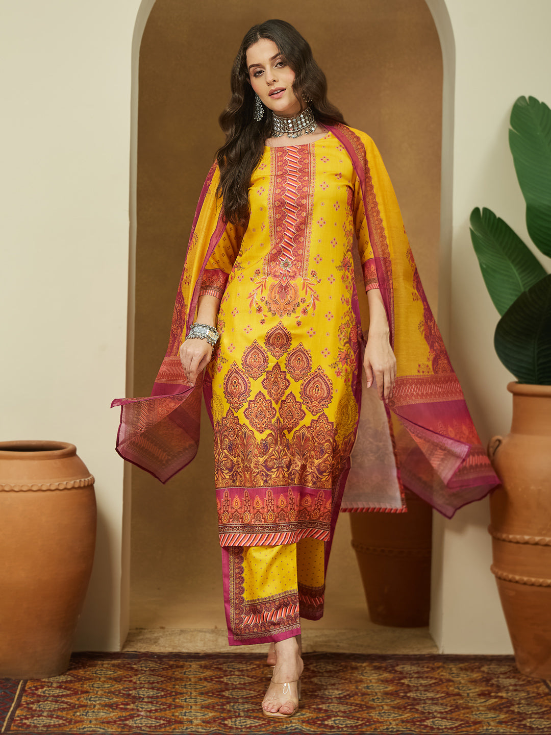 Ninnique Women's Yellow Cotton Blend Floral Printed Straight Kurta Set