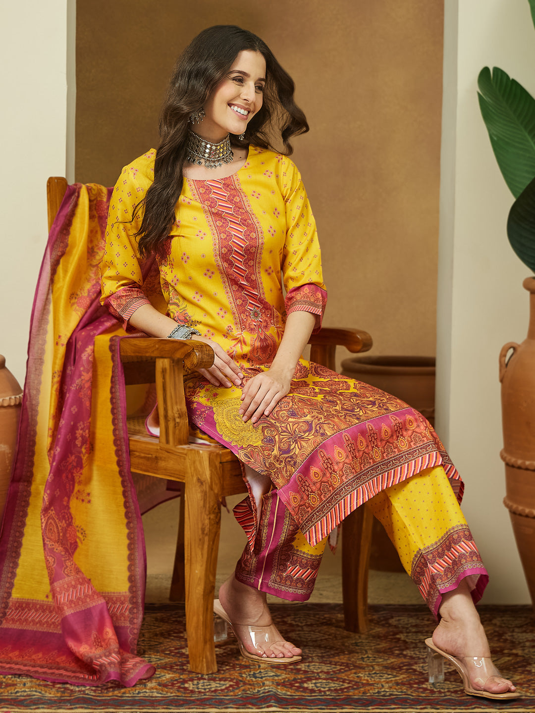 Ninnique Women's Yellow Cotton Blend Floral Printed Straight Kurta Set